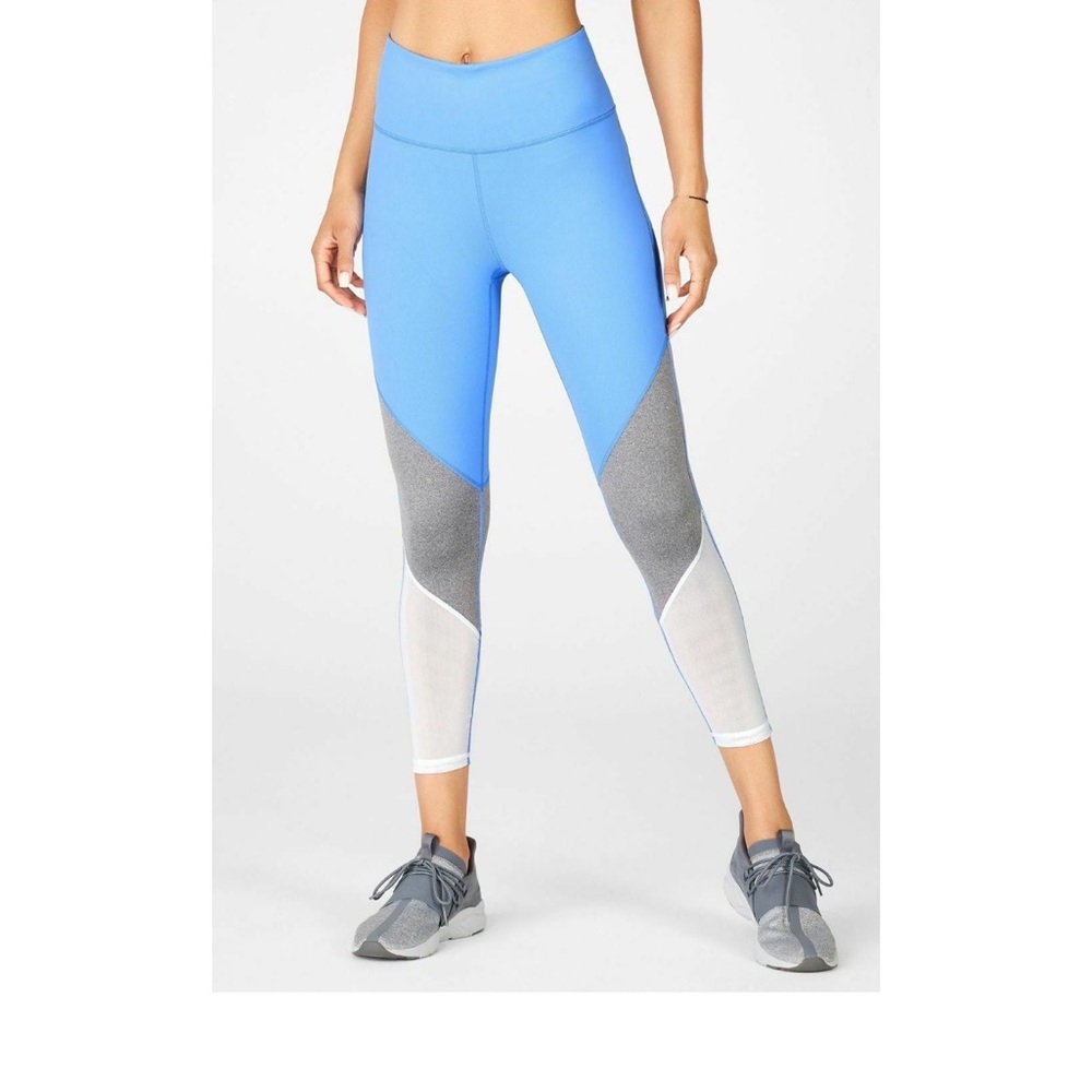 Fabletics Zone High-Waisted 7/8 Colorblock Leggings Marina Blue Grey Small
